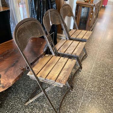 Vintage metal and wood 3 seater folding bench. 52.5” x 16” x 31” seat height 18” 