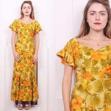 Vintage 1960's top Hawaiian Casuals by Stan Hicks Yellow Floral Maxi Dress Sz Medium