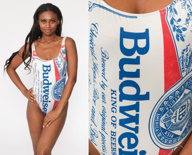 Vintage Budweiser Bathing Suit 80s 90s High Cut Swimsuit Beer