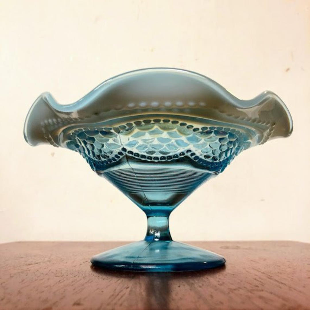 Antique Jefferson Glass 1905 Opalescent Blue Pearls and Scales Compote