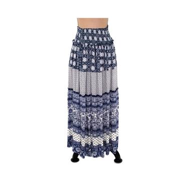 Full Maxi Skirt Long Casual, Blue &amp; White India Block Print, Tube Top Dress, Convertible Clothes Women Large, Hippie Boho Clothing 