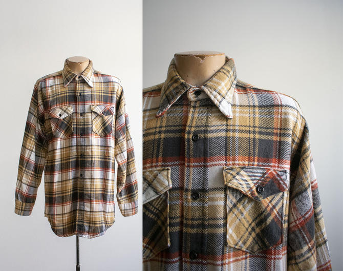 Vintage 70s Frostproof Mens Wool purchases Lumberjack Shirt Button Down Plaid Orange 151/2