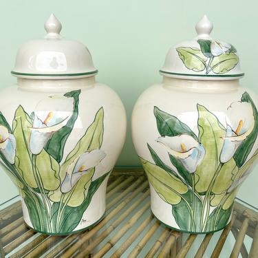 Pair of Hand Painted Italian Lily Ginger Jars