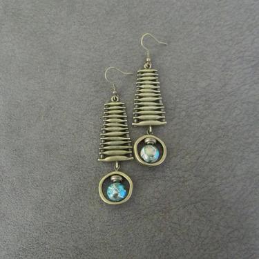 Imperial jasper earrings, modern earrings, rustic bronze earrings, mid century modern earrings, unique statement earrings, blue ethnic 2 