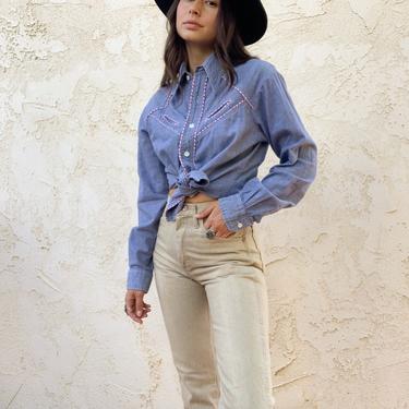 Vintage 1970's Shirt Express Western 100% Cotton Denim Gingham Detail Button Up Blouse 