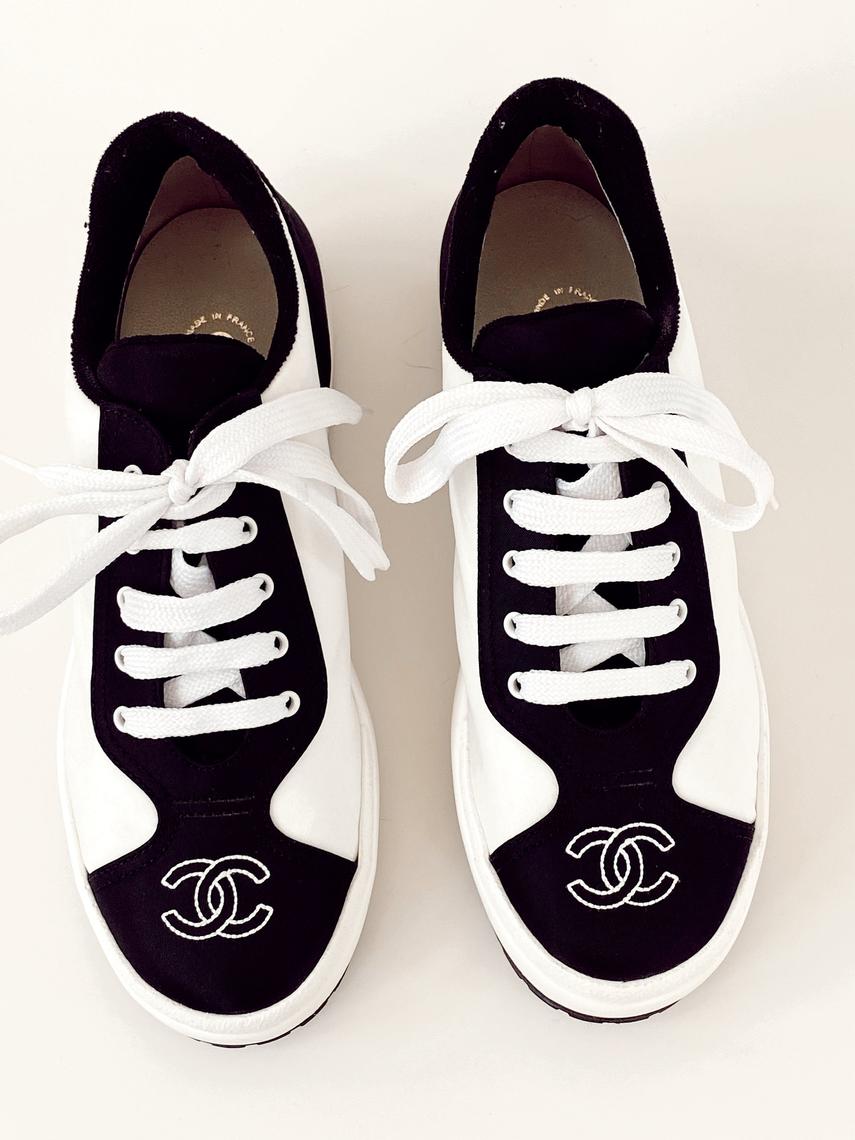 Vintage CHANEL CC Logos White & Black Fabric Canvas Sneakers Trainers, Moonstone Vintage