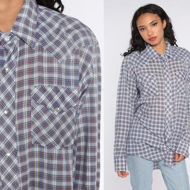 Pearl Snap Shirt 80s Western Plaid Top Western Shirt White Blue Cotton Vintage Hipster Checkered Button Up Yoke Men's Extra Large xl 17 