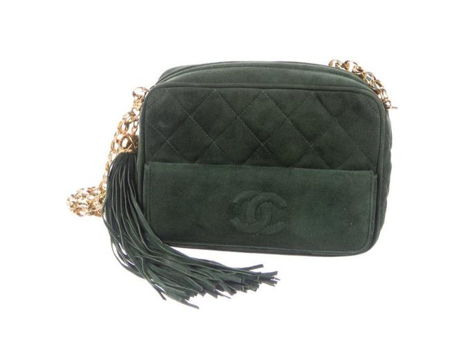 CHANEL Quilted CC Handbag Purse Moss Green Velvet Authentic 61608