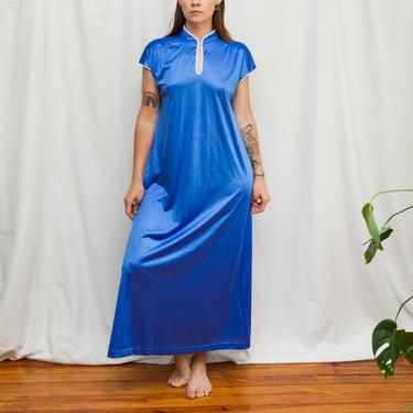 Size M, 1970s Silky Blue Mandarin Collar Maxi Night Dress 