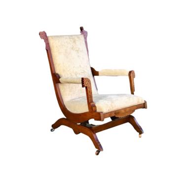 Free Shipping Within US - Antique Eastlake Platform Rocker Early American Chair on Casters Recently Reupholstered 