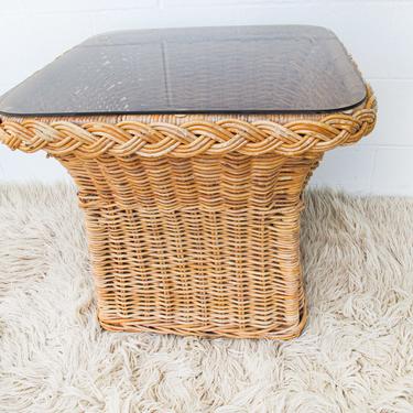 Vintage Woven Side Table with Frosted Black Glass Top 