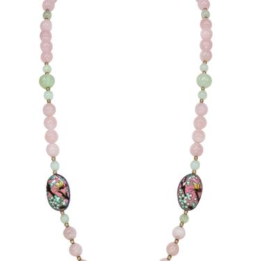 Pink & Green Jade Bead Necklace w/ Enamel Pendants