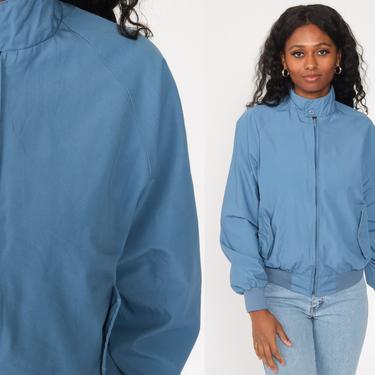 80s windbreaker Jacket Blue Plain Zip Up Raglan Sleeve Jacket Windbreaker Bomber Sports Collar Vintage 1980s Retro Small Medium 