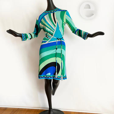 MOD Vintage 60s Emilio Pucci Dress + Rare Beaded Tassel Tie Belt • Silk Jersey Blue Green Turquoise • Genuine Signed • 1960s Twiggy Go-Go 