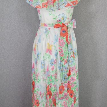 1960s-70s Floral Maxi Dress - Accordian Dress - Ruffle Dress - Spring Pastels - Summer Sundress 