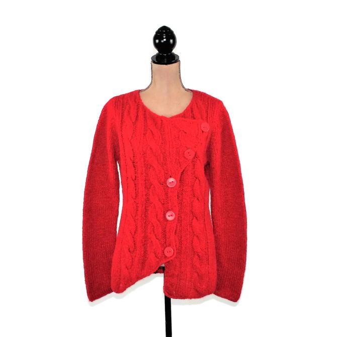 Alpaca Wool Cable Knit Red Cardigan Women Medium Button Up Offset Asymmetrical Sweater Casual Clothes From Magpie Otis Of Huntsville Al Attic