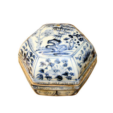 Chinese Blue White Porcelain Scenery Accent Hexagon Box Display ws875E 