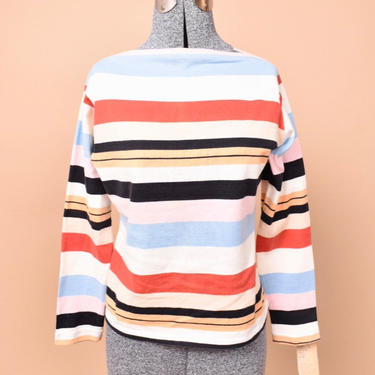 70s Multicolor Cotton Handmade Striped Boat Neck Long Sleeve Shirt, M