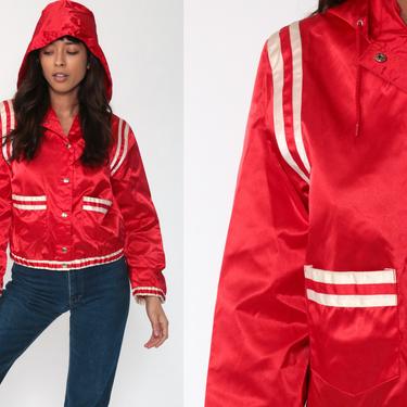 Satin Bomber Jacket Red Hooded Jacket 80s Baseball Jacket
