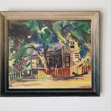 1970s Countryside Landscape Watercolor Painting, Framed. 