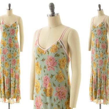 Vintage 2000s Slip Dress | Y2K BETSEY JOHNSON Rose Floral Printed Bias Cut Slinky Sheer Chiffon & Slip Midi Dress (x-small/small) 
