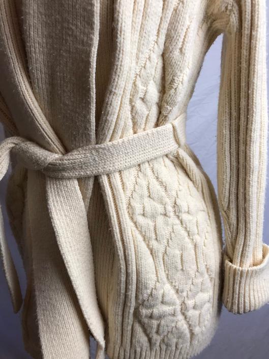 70s Tan Cable Knit Fisherman Belted Cardigan Big Collar Sweater Bell Sleeve Long Cream Vintage Jacket Xs S M shops