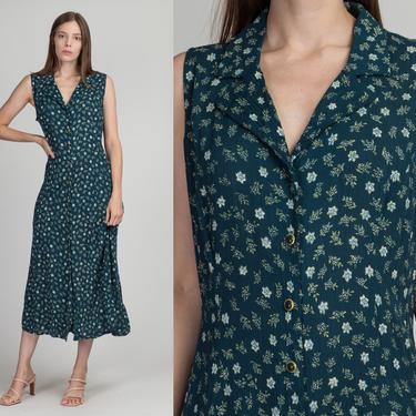 90s Grunge Green Floral Maxi Dress - Large | Vintage Sleeveless Button Up Boho Sundress 