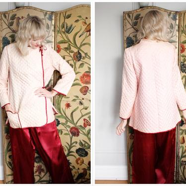 1940s Lounge Pant Set // Pink &amp; Bordeaux Shrewsbury Quilted Jacket + Wide Leg Rayon Satin Pant // vintage 40s loungewear 
