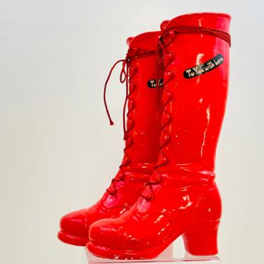 Vintage 1970s Groovy MOD Pair Go Go Dancing Red Vinyl Lace Up Boots Ceramic Pop Art Banks - To You With Love 