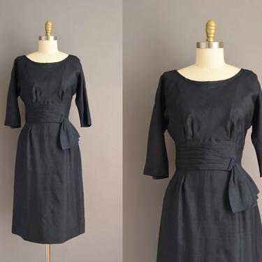 vintage 1950s dress | Midnight Navy Blue Silk Holiday Cocktail Party Wiggle Dress | Small | 50s vintage dress 
