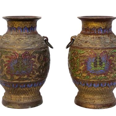 Pair of Antique Bronze Japanese Champleve Vases |  19th Century Enamel Double Handle Heavy-Weight Urns 