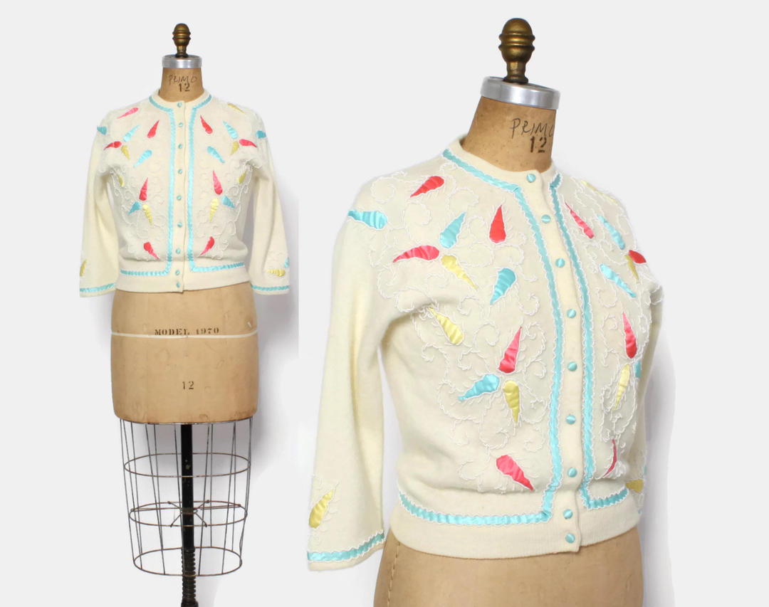 Vintage 60s BEADED Applique Cardigan/ 1960s Ivory Angora Wool Blend