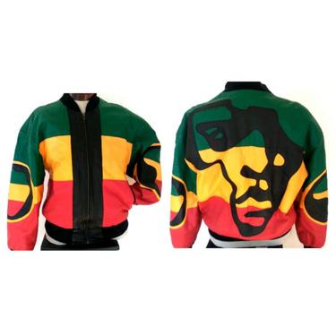 VINTAGE Michael HOBAN green yellow red AFRICA Leather Jacket Coat African Ethiopian colors jacket black panther bomber men's women’s xl 