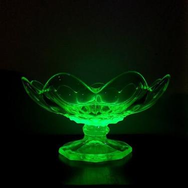 Vintage Large Uranium Glass Lotus Pedestal Serving Bowl 