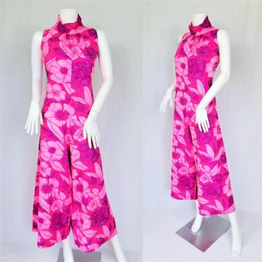 1960's Pink Floral Hawaiian One Piece Wide Leg Jumpsuit Pantsuit I Sz Med I Hawaiian Paradise 