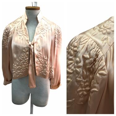 Vintage VTG 1940s 40s Light Pale Pink Cropped Satin Evening Jacket 