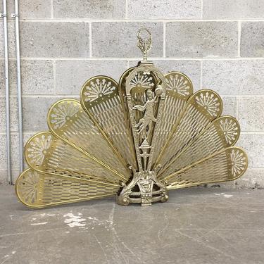Vintage Fireplace Screen Retro 1980s Victorian Style + Peacock Fan + Lady Phoenix + Ornate + Folding + Gold Brass + Home Accent and Decor 
