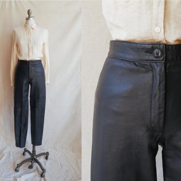 Vintage 90s Black Leather Pants/ 1990s North Beach Leather High Waisted Tapered Pants/ Michael Hoban/ Size Small 26 