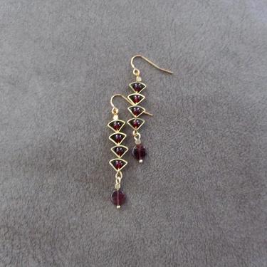 Garnet earrings, brass geometric earrings, mid century modern boho chic earrings, tribal ethnic earrings, red earrings, princess earrings 