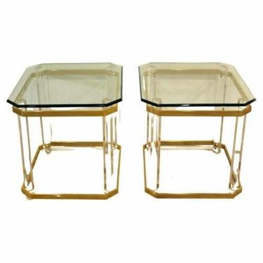 Pair of Mid Century Modern Lucite Glass & Brass End Side Tables 