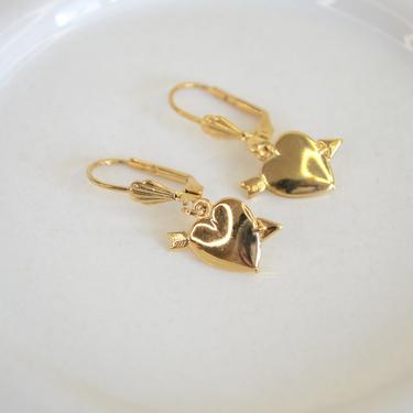 gold cupid heart earring, gold heart earring, dainty heart earring, gold dangle heart, dainty gold earring, heart with arrow earring, gift 