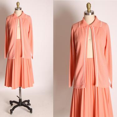 1960s Peach Pink Orange Long Sleeve Button Collar Knit Jacket with Matching Pleated Skirt by Talbott Travler -S 