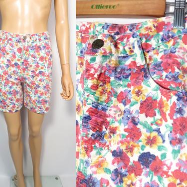 Vintage 90s High Waist Floral Pansy Print Denim Shorts Size 27 Waist 