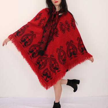 Vintage Knit Poncho/ 1960's Black and Red Poncho/ Peacock Print Cape/ Boho Western Poncho/ 60s Ornate Shawl/ One Size Fits All 