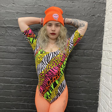 Animal Print Off Shoulder Bodysuit Leopard Leotard 80s 90s Bodysuit Circus Aerialist Wrestling Rave Costume Festival Neon Zebra Print MessQueen New York Bushwick Brooklyn NY