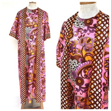 Vintage VTG 1960s 60s Pink Paisley Silk Psychedelic Wrap Kaftan Long Sleeve Dress 