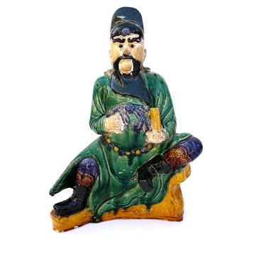 Antique Large Polychrome Glazed Ceramic Asian Immortal Statue Taoist Deity Scholar Cao Guojiu 