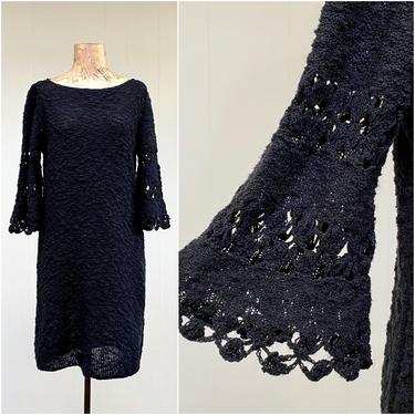 Vintage 1960s 1970s Black Crochet Sweater Dress, 60s 70s Bell Sleeve Acrylic Knit Dress, Small 