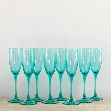 French Champagne Flutes Teal Green Toasting Glasses Spring Summer Serving Set of 8 