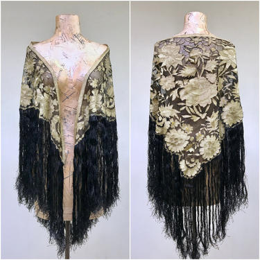 Vintage Gold Black Beaded Rhinestone Shawl Wrap Burlesque Wedding Flapper, Hooked on Honey